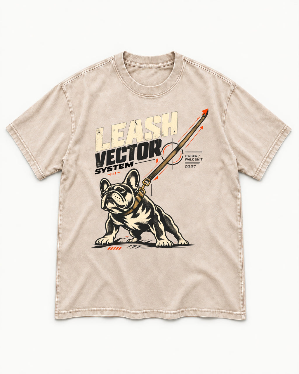 Frenchie Leash Vector Washed Tee in Apricot, flat lay product photo