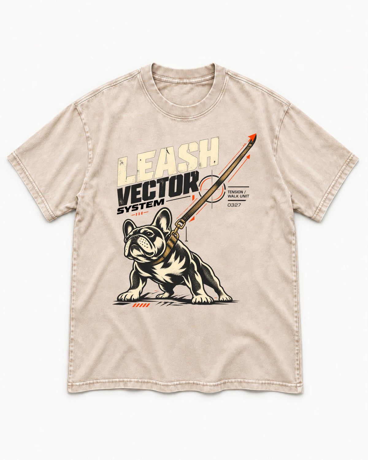 Frenchie Leash Vector Washed Tee in Apricot, flat lay product photo