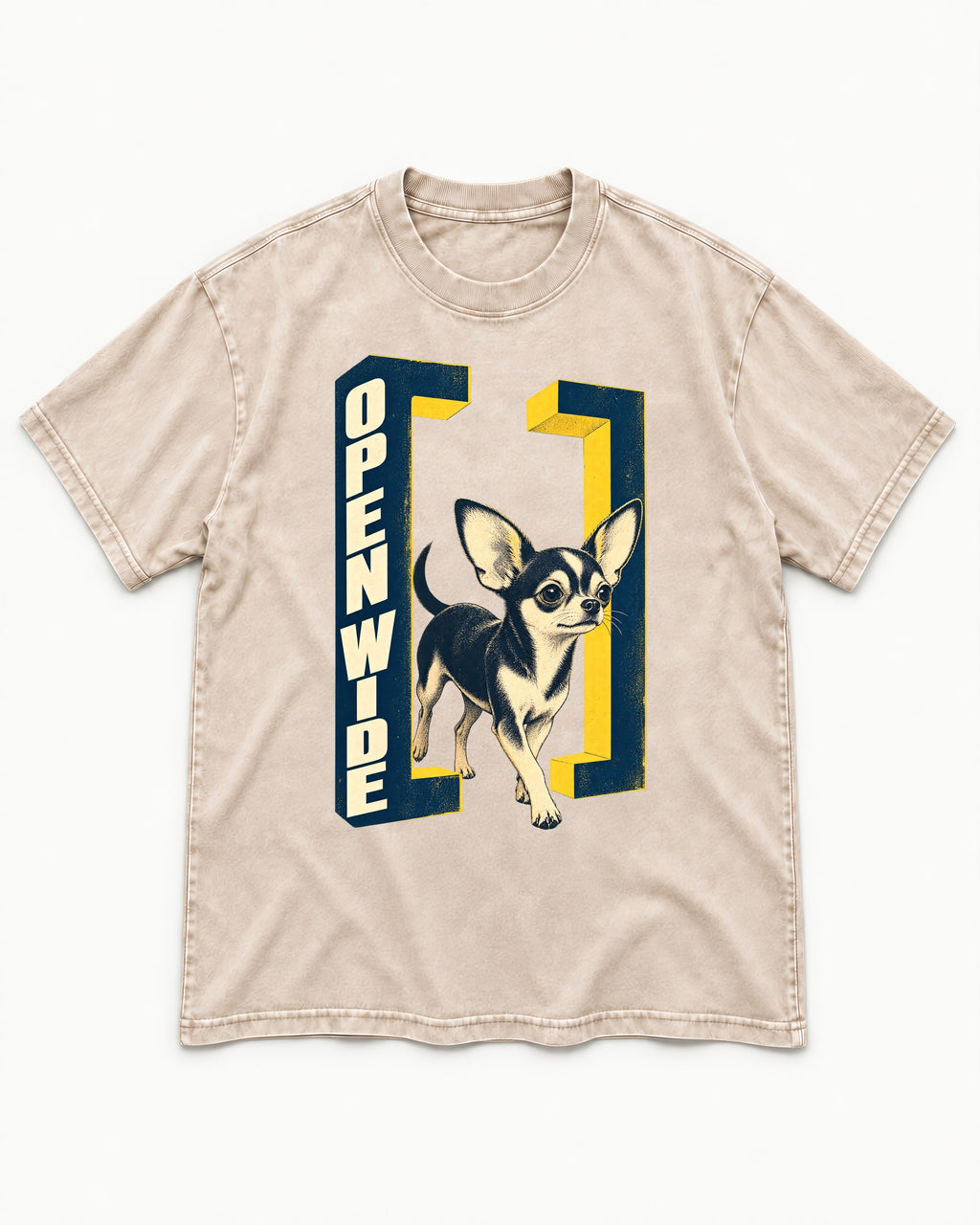 Open Wide Chihuahua Washed Tee in Apricot, flat lay product photo