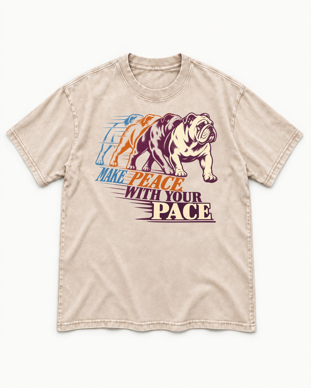 English Bulldog Peace with Your Pace Washed Tee in Apricot, flat lay product photo