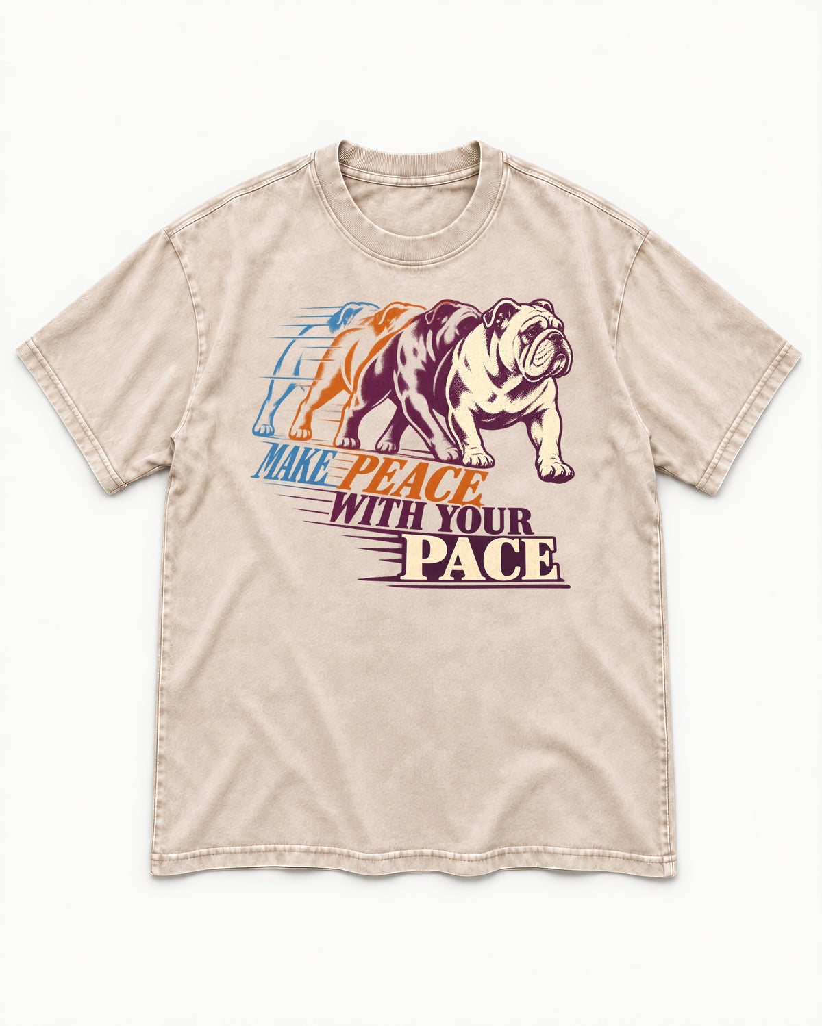 English Bulldog Peace with Your Pace Washed Tee in Apricot, flat lay product photo