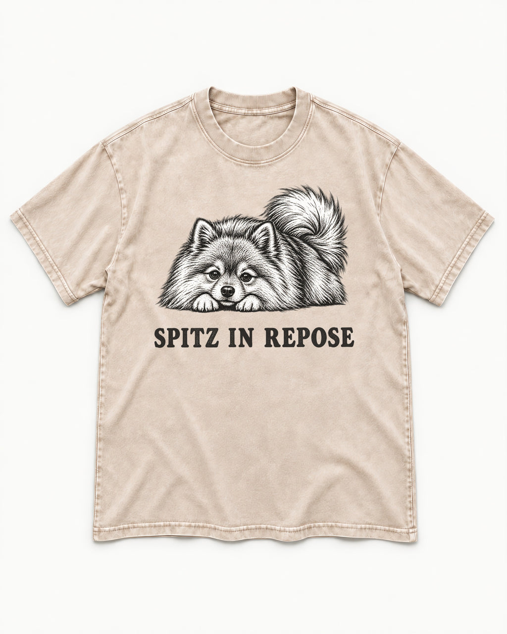 Pomeranian In Repose Washed Tee in Apricot, flat lay product photo