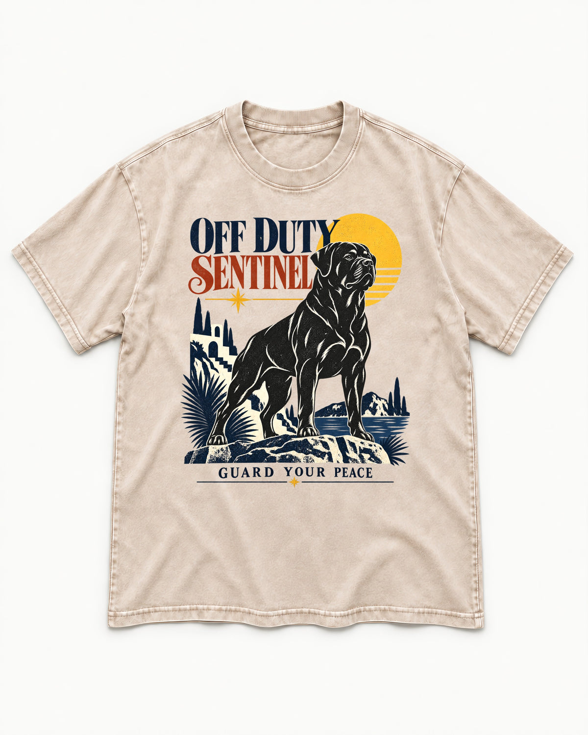 Off Duty Rottweiler Sentinel Washed Tee in Apricot, flat lay product photo