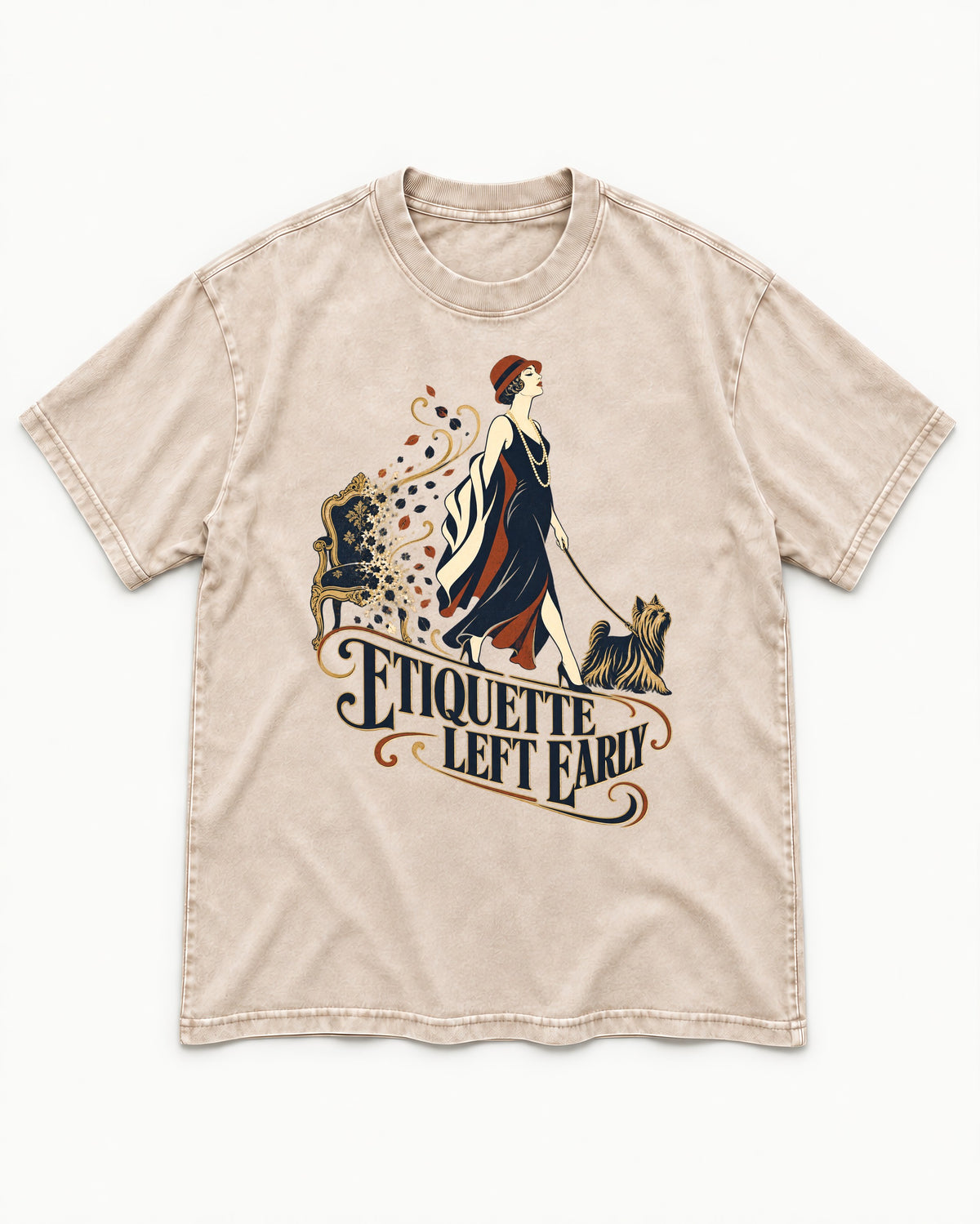 Yorkshire Terrier Etiquette Left Early Washed Tee in Apricot, flat lay product photo