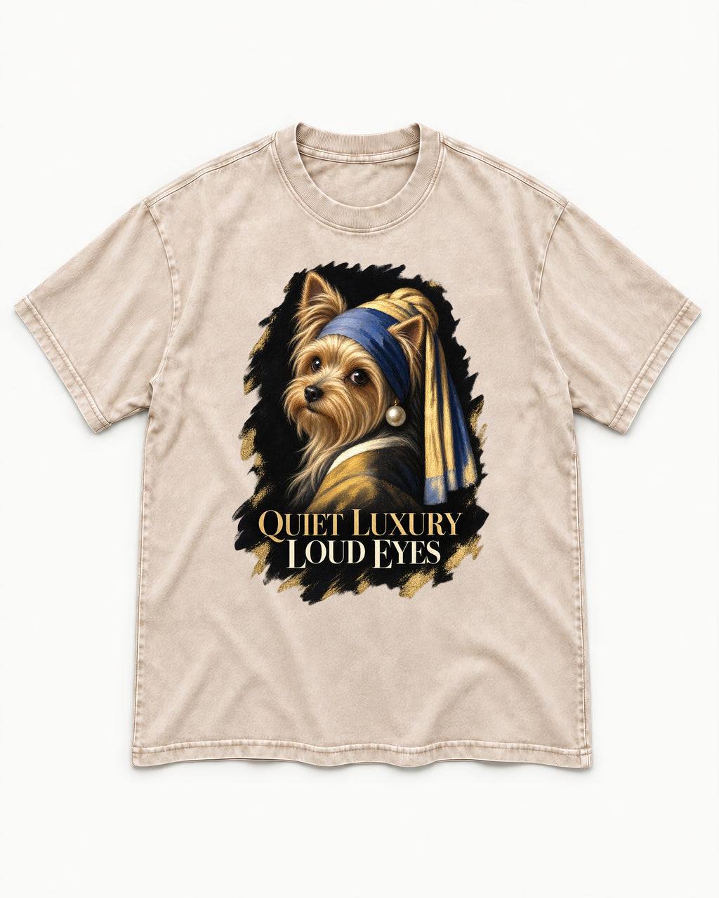 Yorkshire Terrier Quiet Luxury Loud Eyes Pearl Portrait Graphic Washed Tee in Apricot, flat lay product photo
