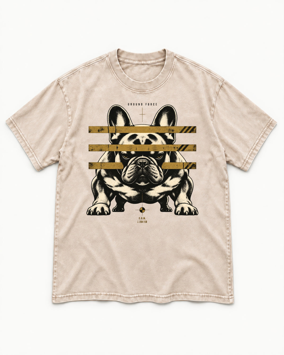 Frenchie Ground Force Industrial Barrier Graphic Washed Tee in Apricot, flat lay product photo