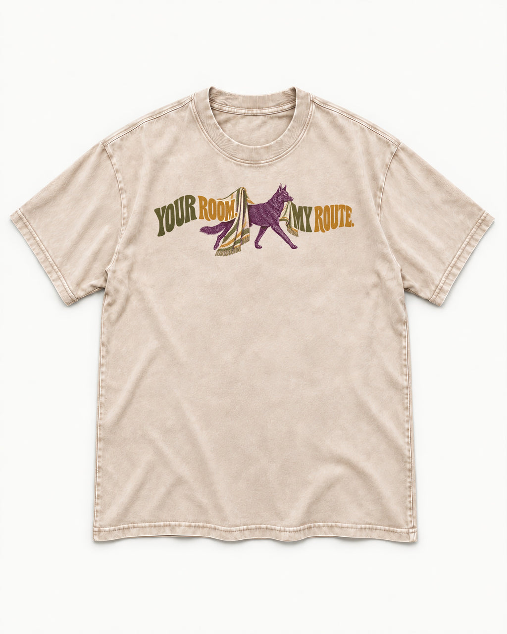 Your Room My Route German Shepherd Dog Washed Tee in Apricot, flat lay product photo