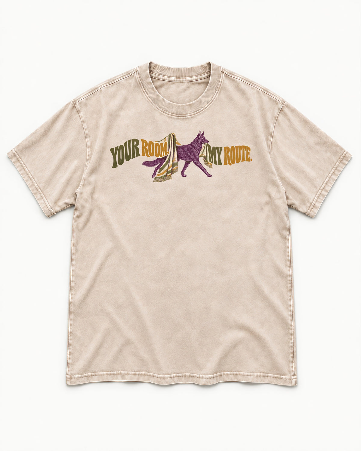 Your Room My Route German Shepherd Dog Washed Tee in Apricot, flat lay product photo