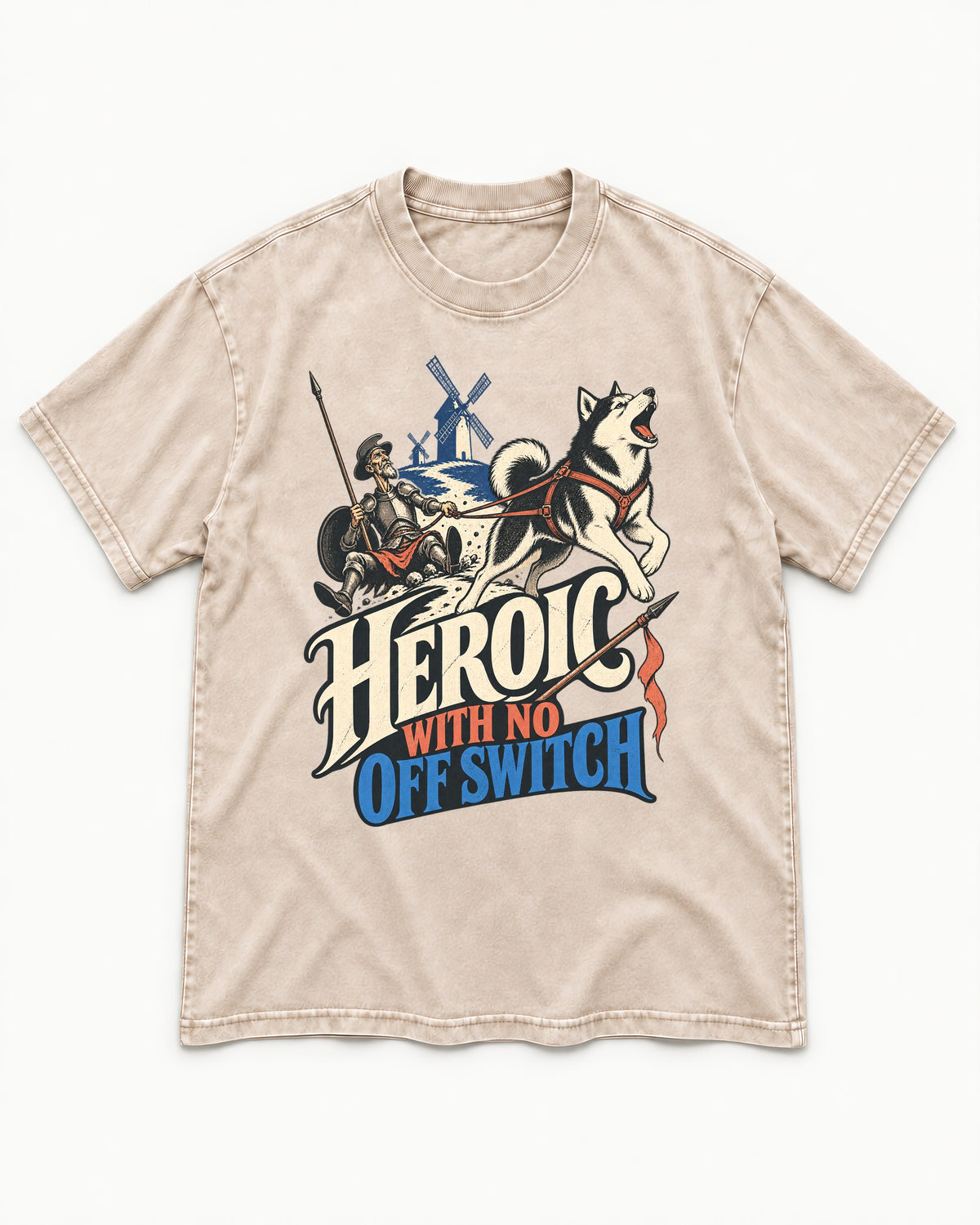 Husky Heroic with No Off Switch Don Quixote Graphic Washed Tee in Apricot, flat lay product photo
