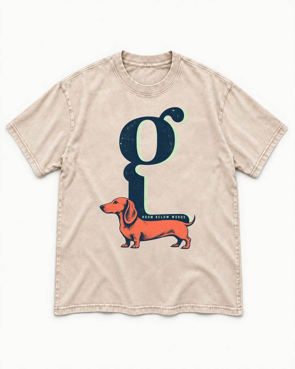 Dachshund Room Below Words Lowercase G Graphic Washed Tee in Apricot, flat lay product photo