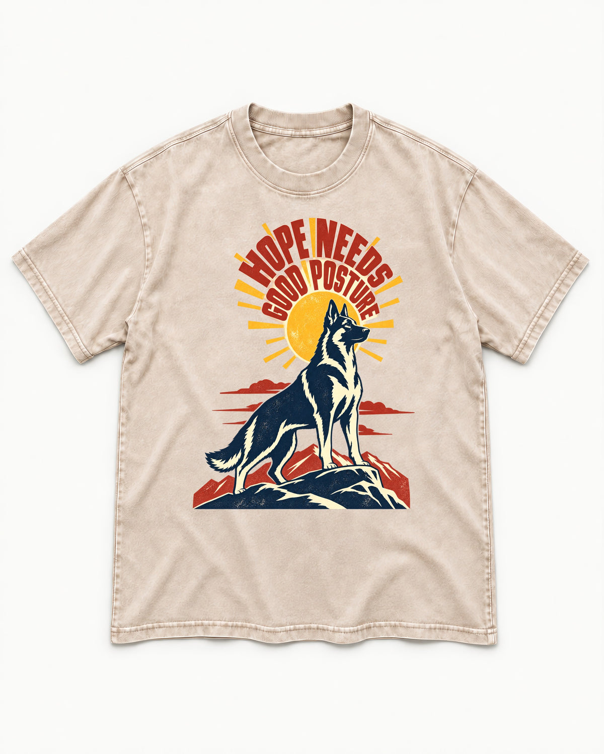 Hope Needs Good Posture German Shepherd Dog Washed Tee in Apricot, flat lay product photo