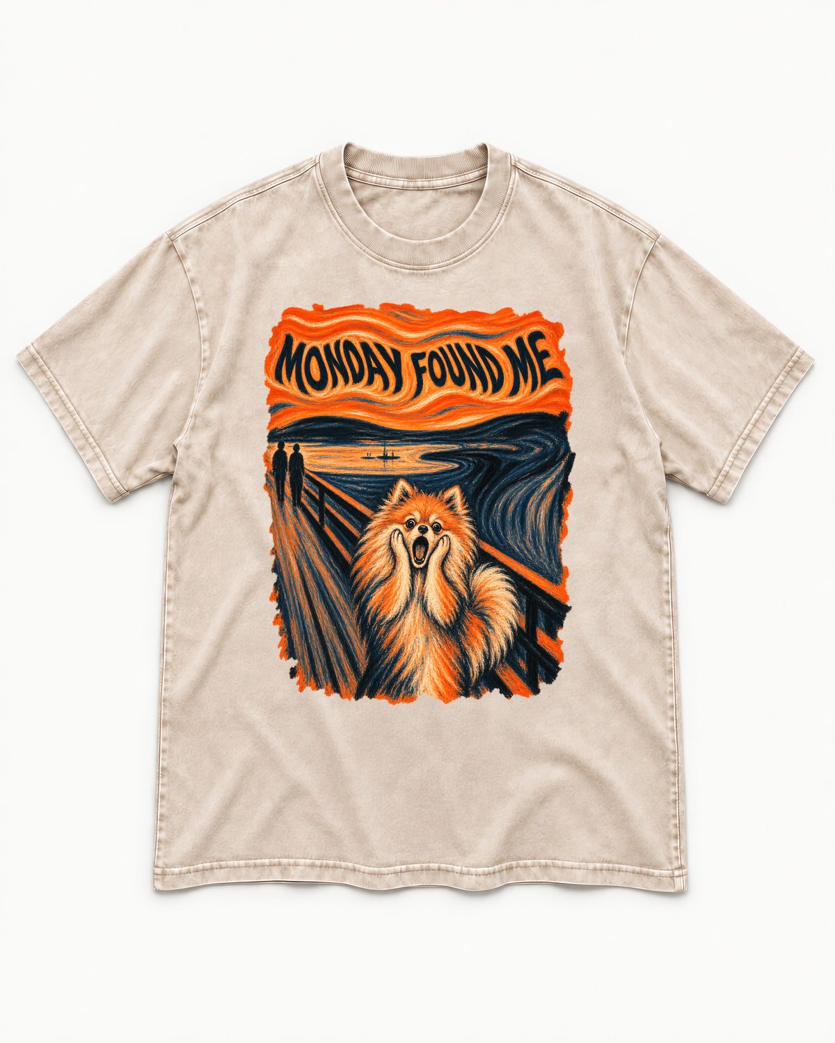 Pomeranian Monday Found Me Scream Parody Graphic Washed Tee in Apricot, flat lay product photo