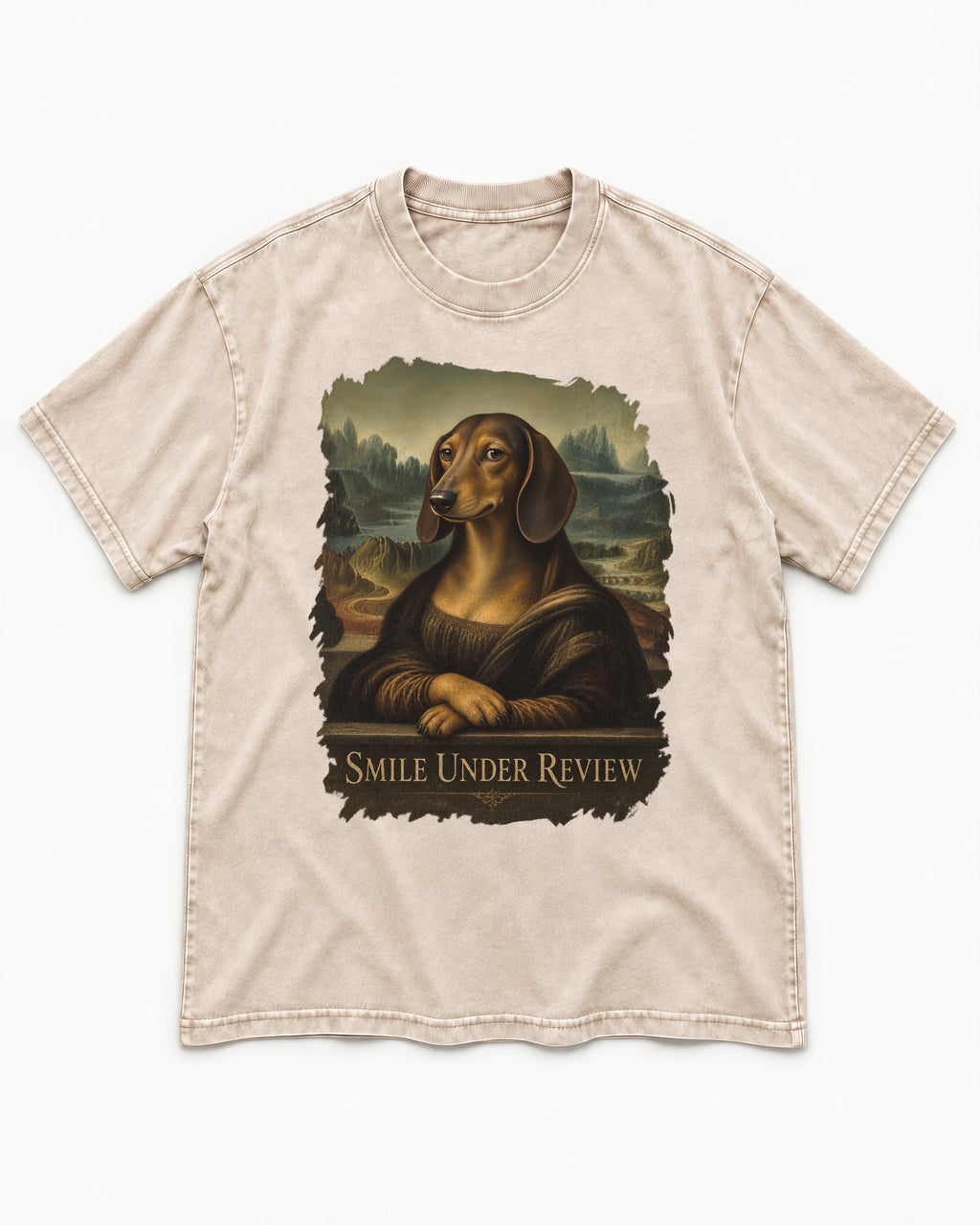 Dachshund Smile Under Review Mona Lisa Graphic Washed Tee in Apricot, flat lay product photo