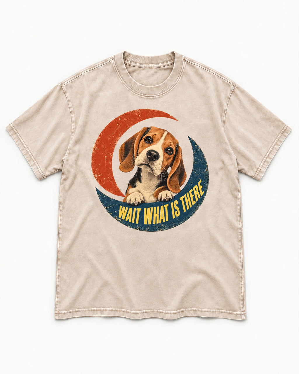 Wait What Is There Beagle Crescent Washed Tee in Apricot, flat lay product photo