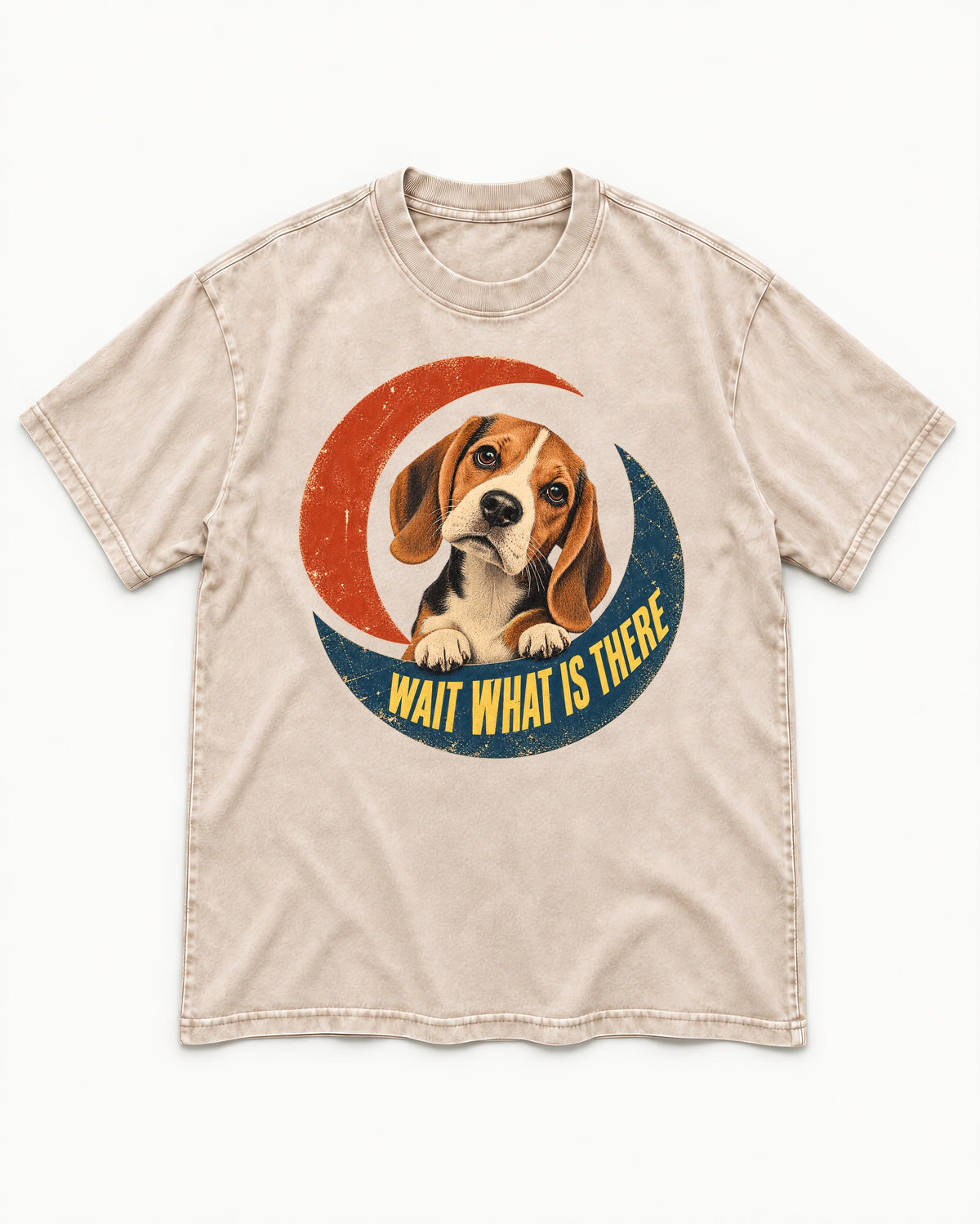 Wait What Is There Beagle Crescent Washed Tee in Apricot, flat lay product photo