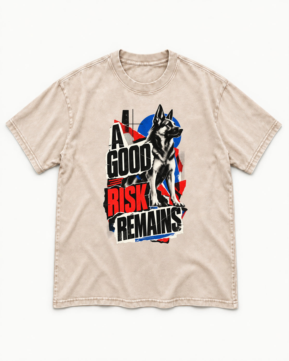 A Good Risk Remains German Shepherd Dog Washed Tee in Apricot, flat lay product photo