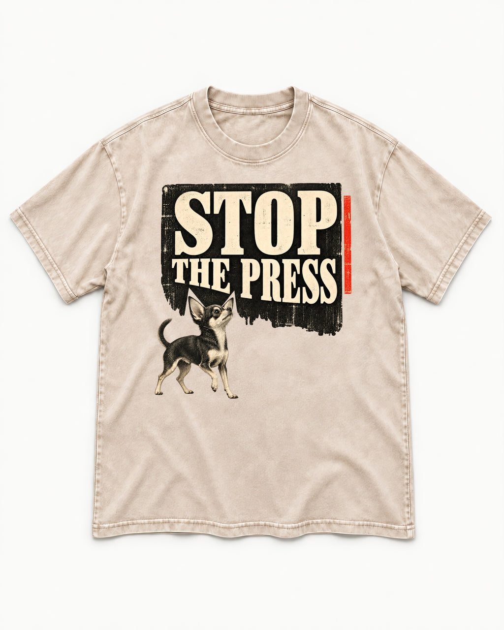 Stop the Press Chihuahua Washed Tee in Apricot, flat lay product photo