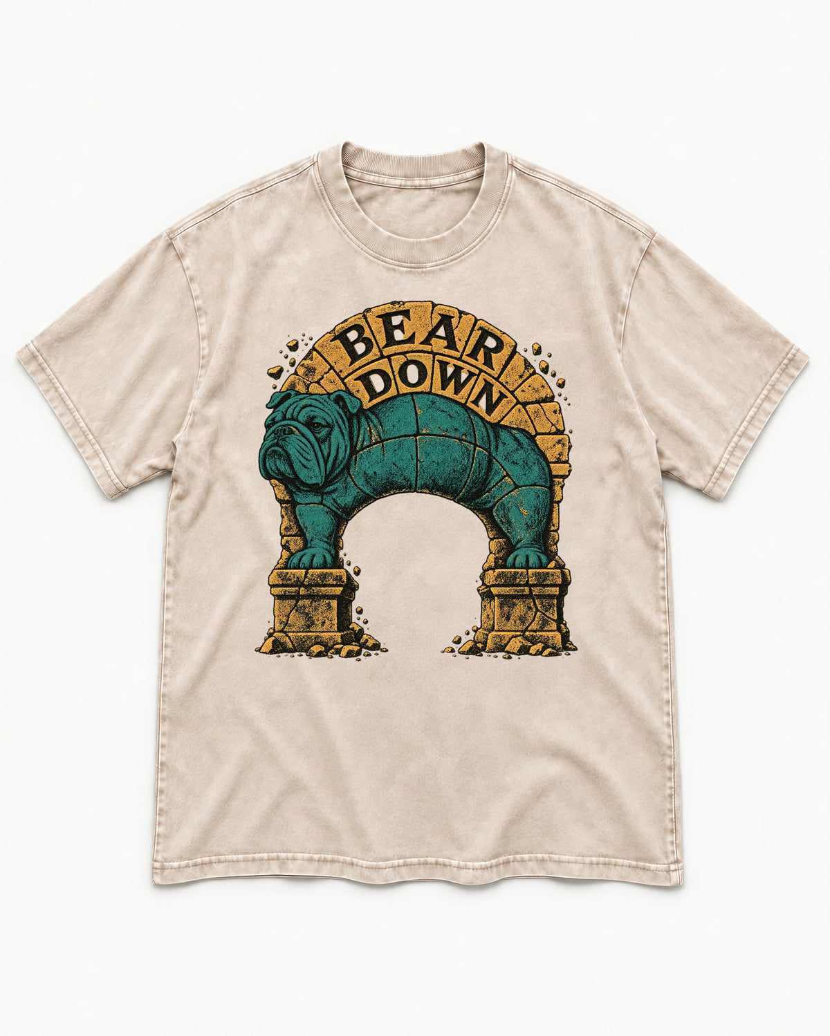 English Bulldog Bear Down Stone Arch Graphic Washed Tee in Apricot, flat lay product photo