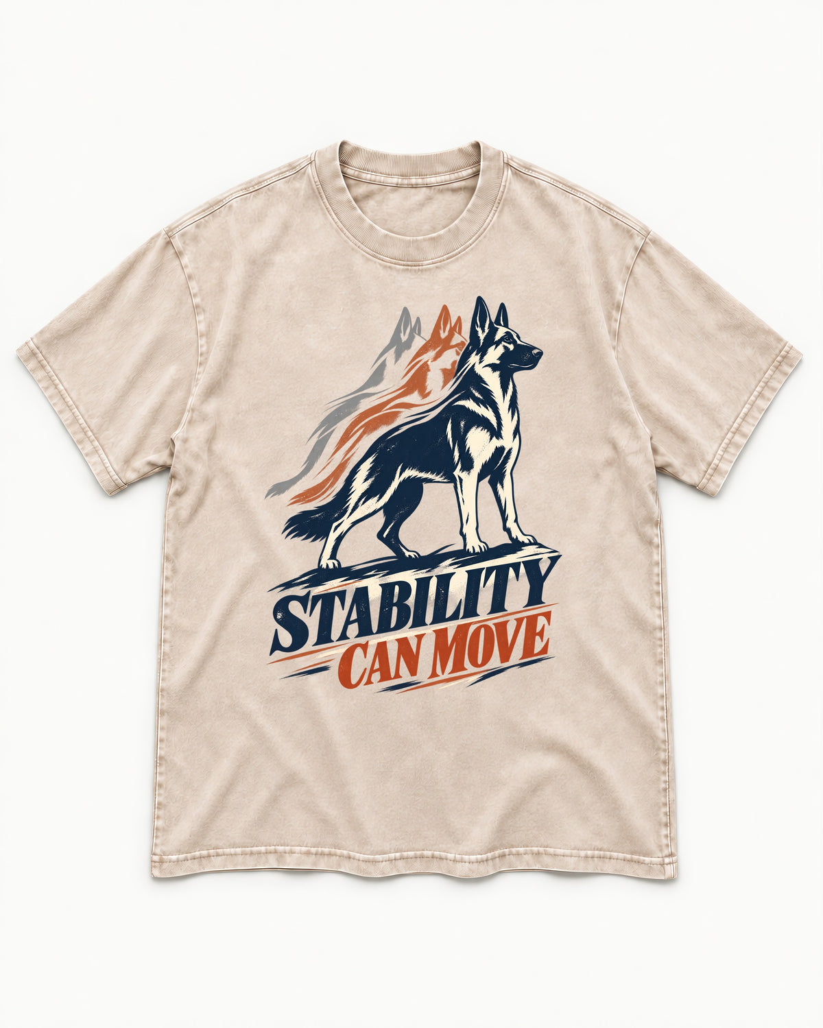 Stability Can Move German Shepherd Dog Washed Tee in Apricot, flat lay product photo