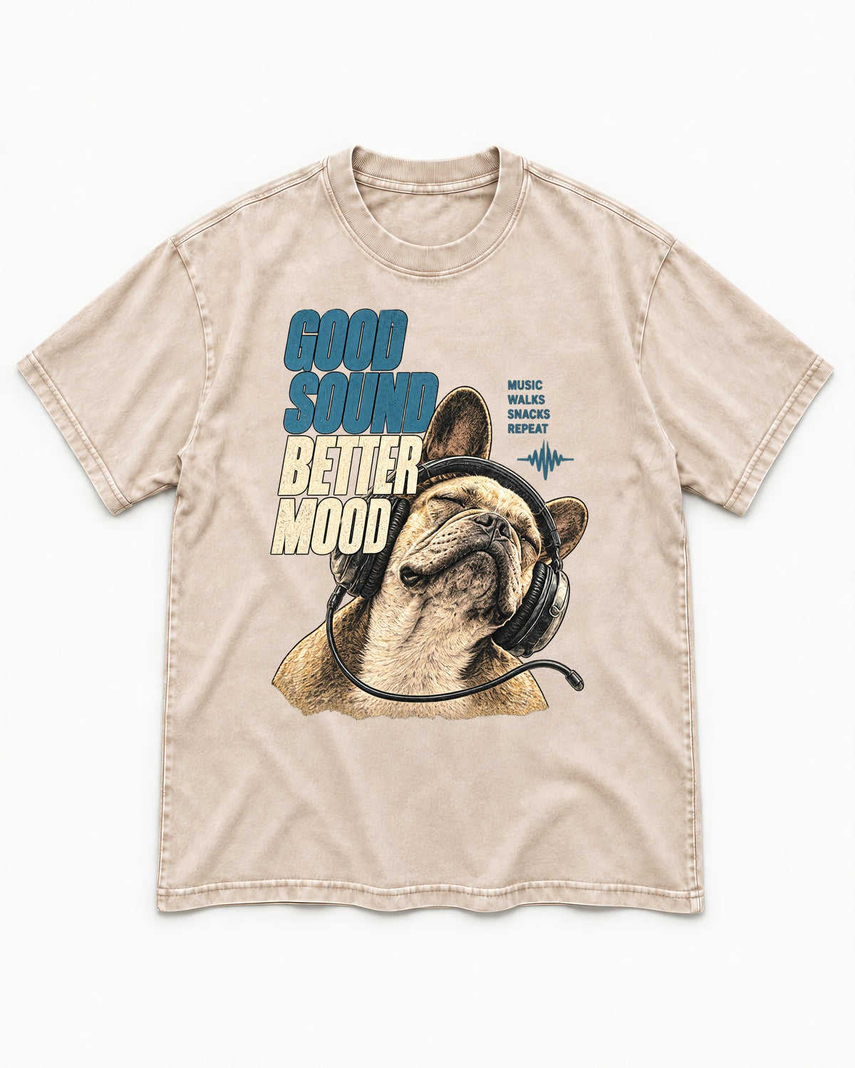 Frenchie Good Sound Better Mood Headphones Graphic Washed Tee in Apricot, flat lay product photo
