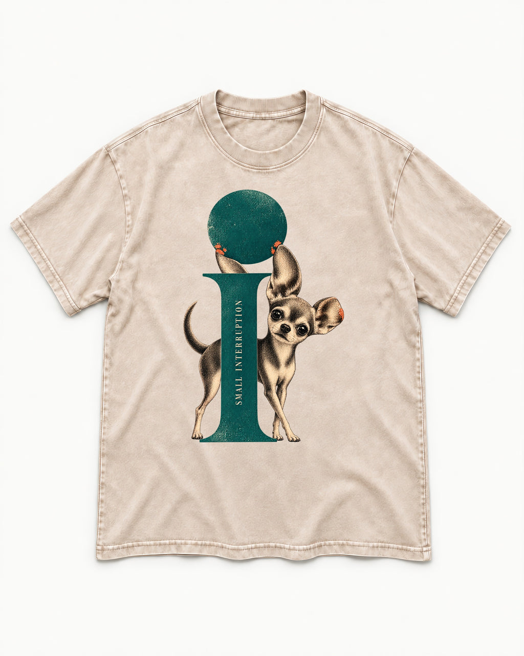 Chihuahua Small Interruption Geometric Portrait Washed Tee in Apricot, flat lay product photo