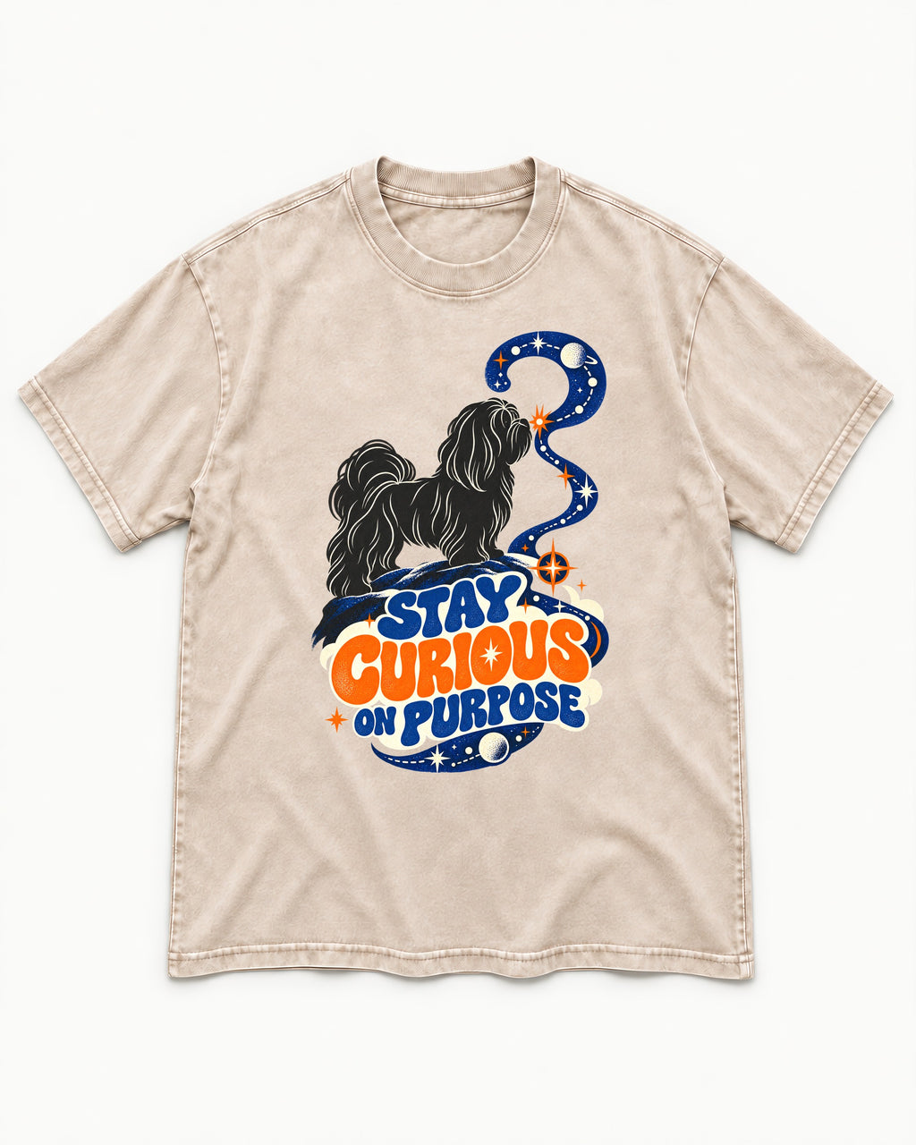 Stay Curious on Purpose Shih Tzu Washed Tee in Apricot, flat lay product photo