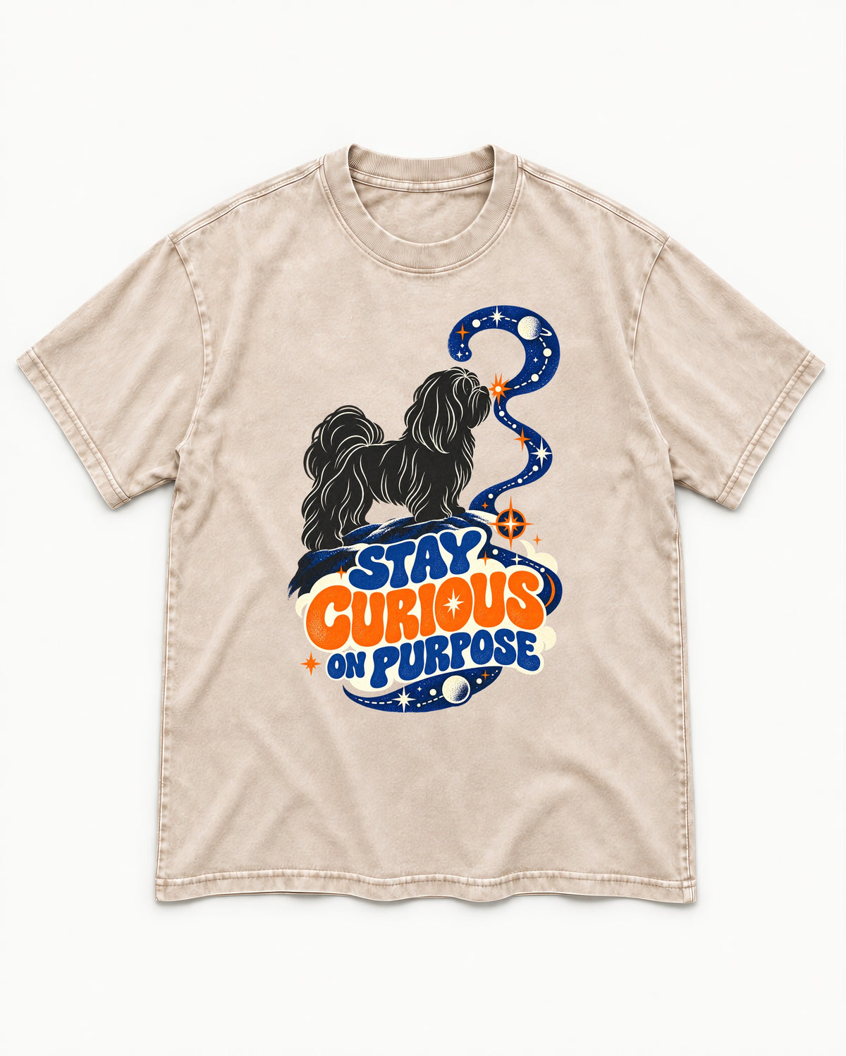 Stay Curious on Purpose Shih Tzu Washed Tee in Apricot, flat lay product photo