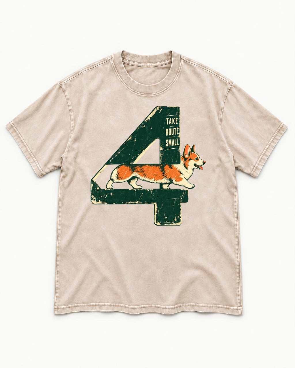 Take Route Small Corgi Washed Tee in Apricot, flat lay product photo