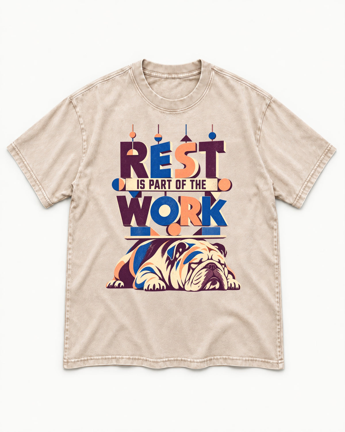 Rest Is Work English Bulldog Washed Tee in Apricot, flat lay product photo