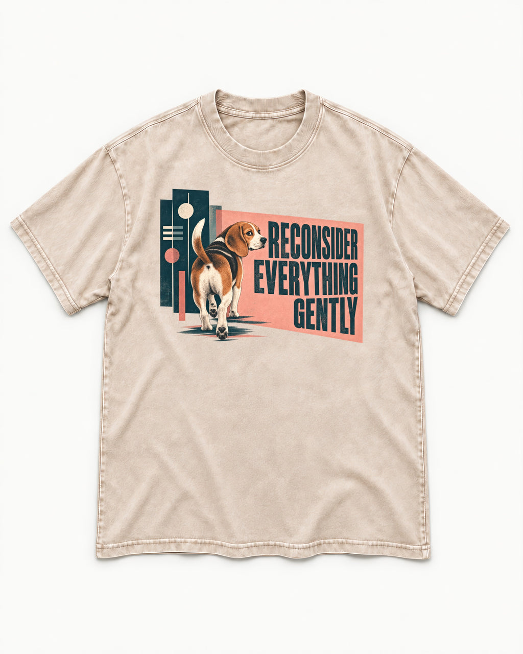 Beagle Reconsider Everything Gently Retro Graphic Washed Tee in Apricot, flat lay product photo