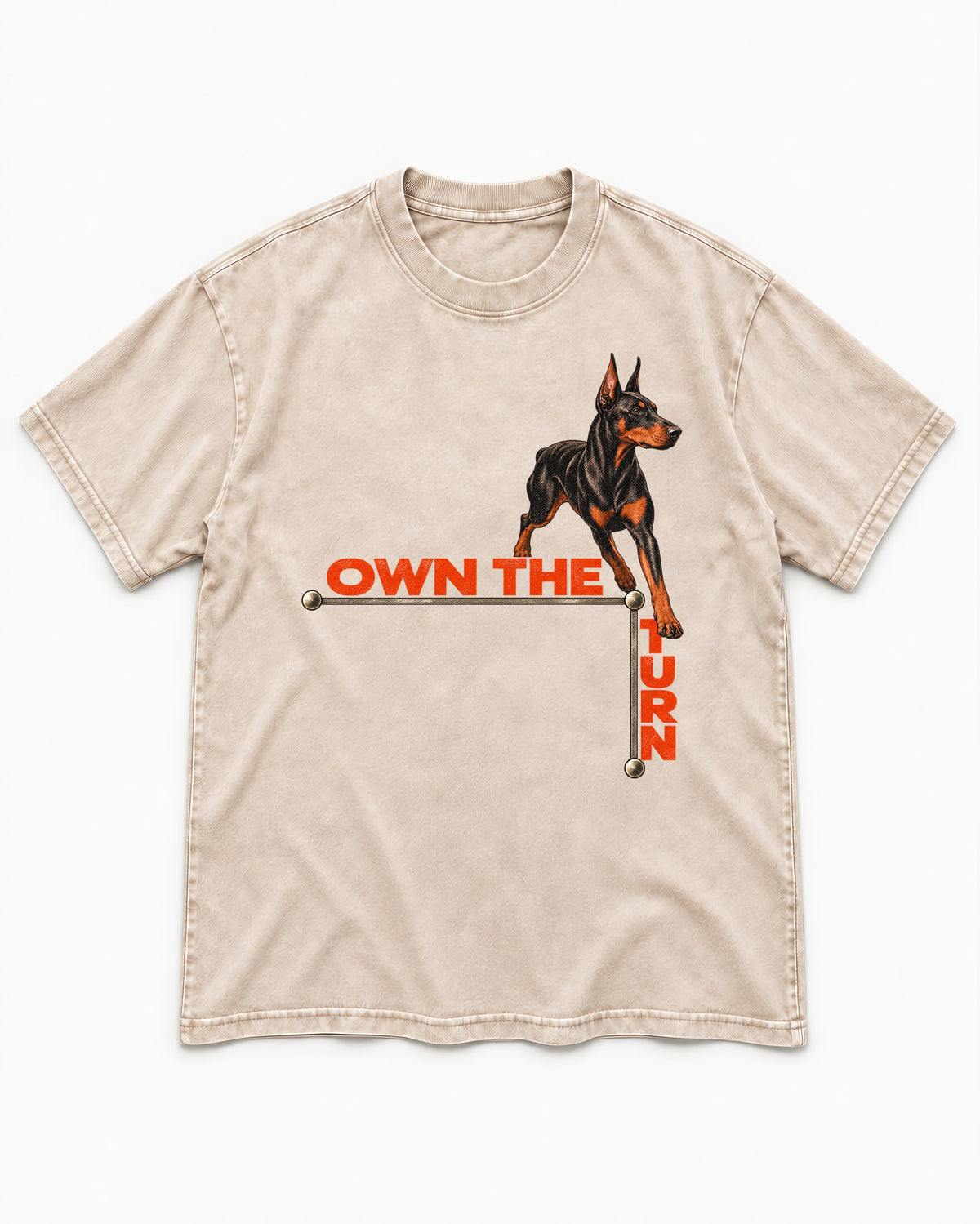 Own the Turn Doberman Washed Tee in Apricot, flat lay product photo