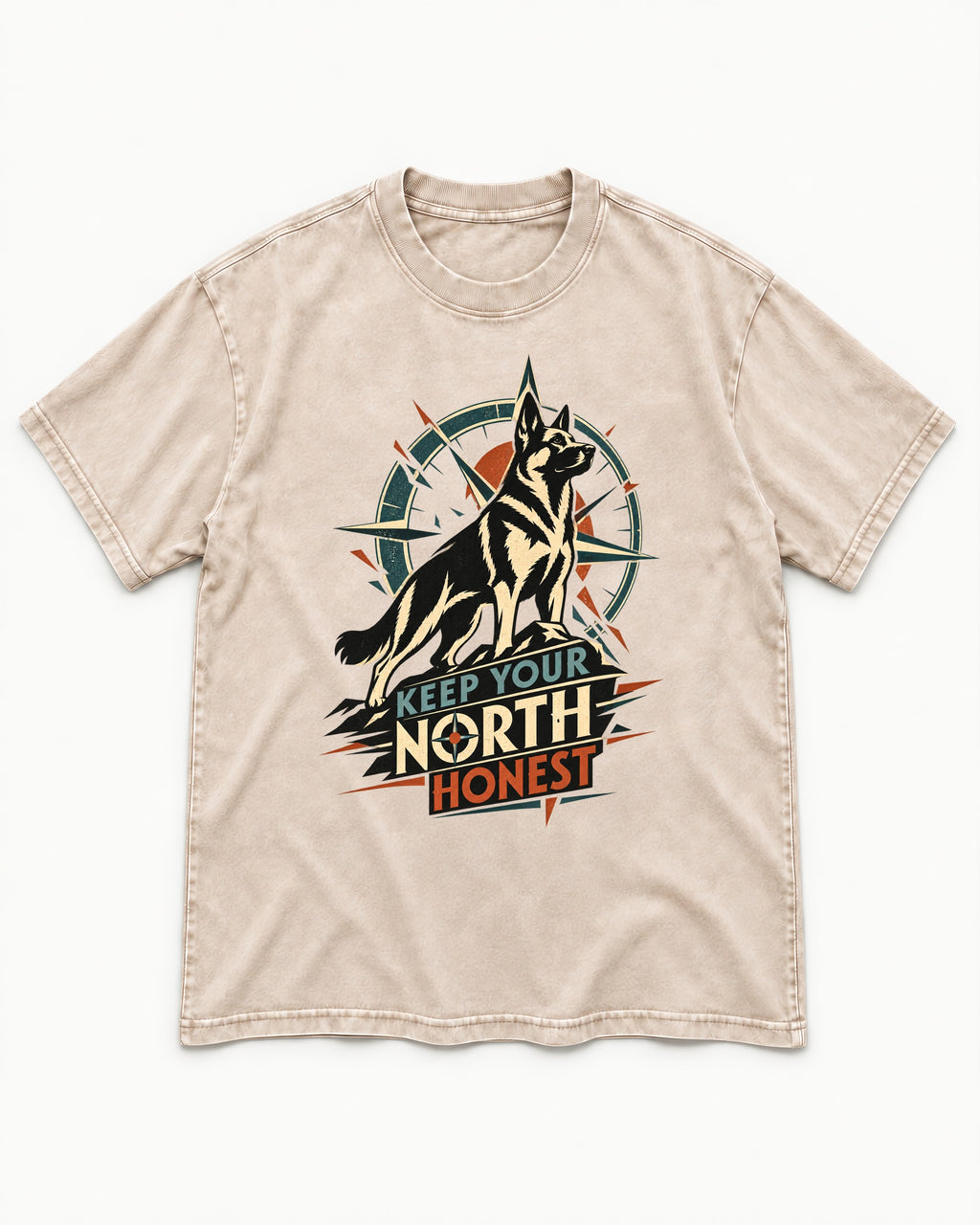 Keep Your North Honest Compass German Shepherd Dog Graphic Washed Tee in Apricot, flat lay product photo