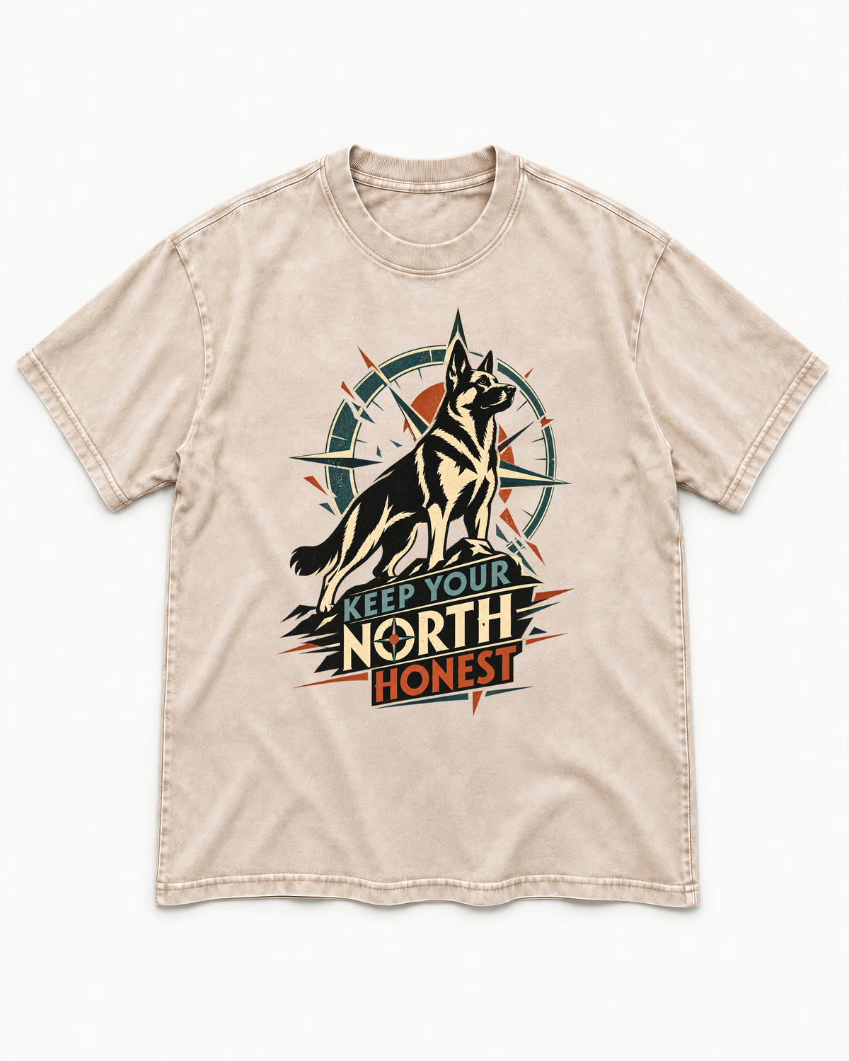 Keep Your North Honest Compass German Shepherd Dog Graphic Washed Tee in Apricot, flat lay product photo