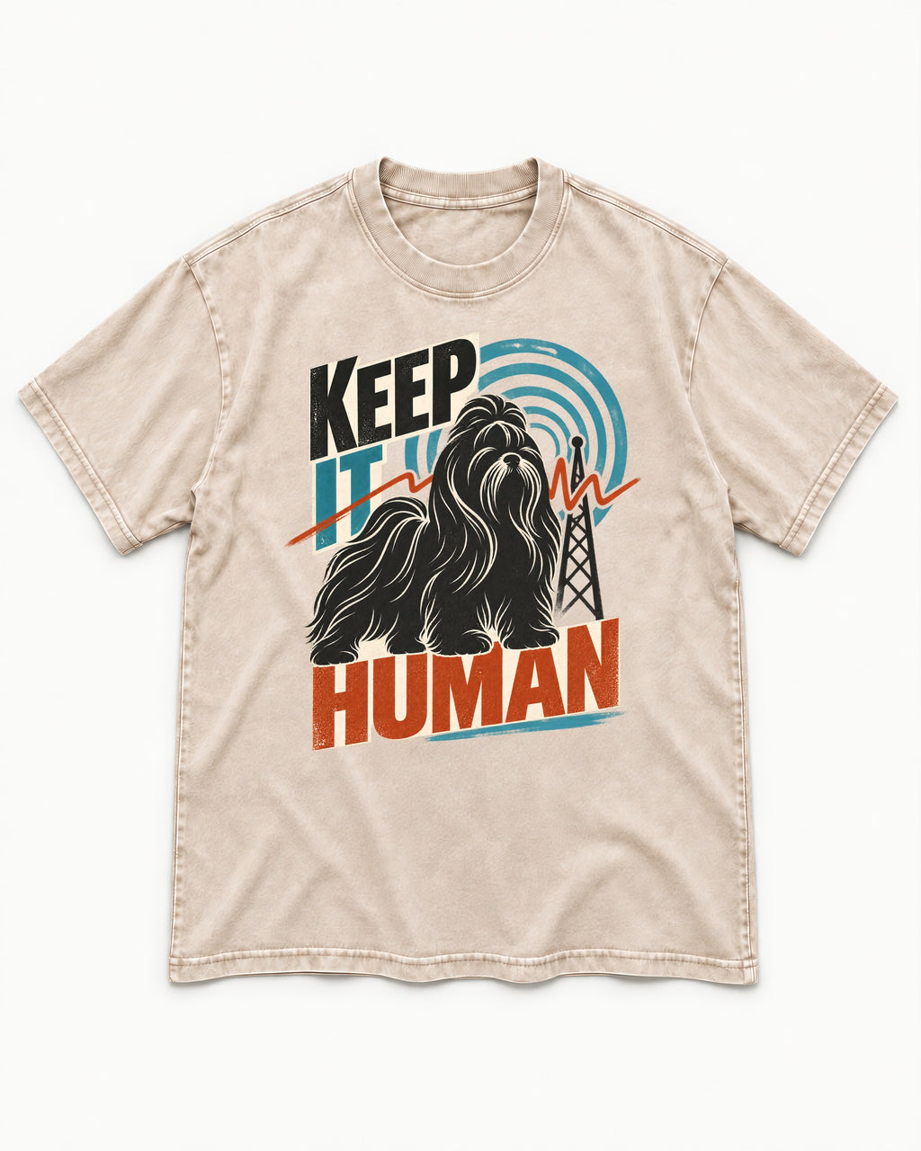 Shih Tzu Keep It Human Radio Signal Graphic Washed Tee in Apricot, flat lay product photo
