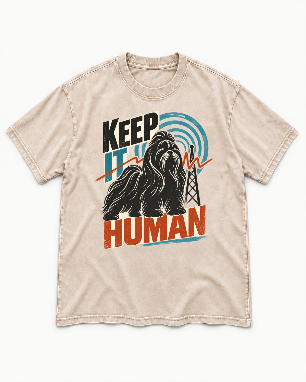 Shih Tzu Keep It Human Radio Signal Graphic Washed Tee in Apricot, flat lay product photo