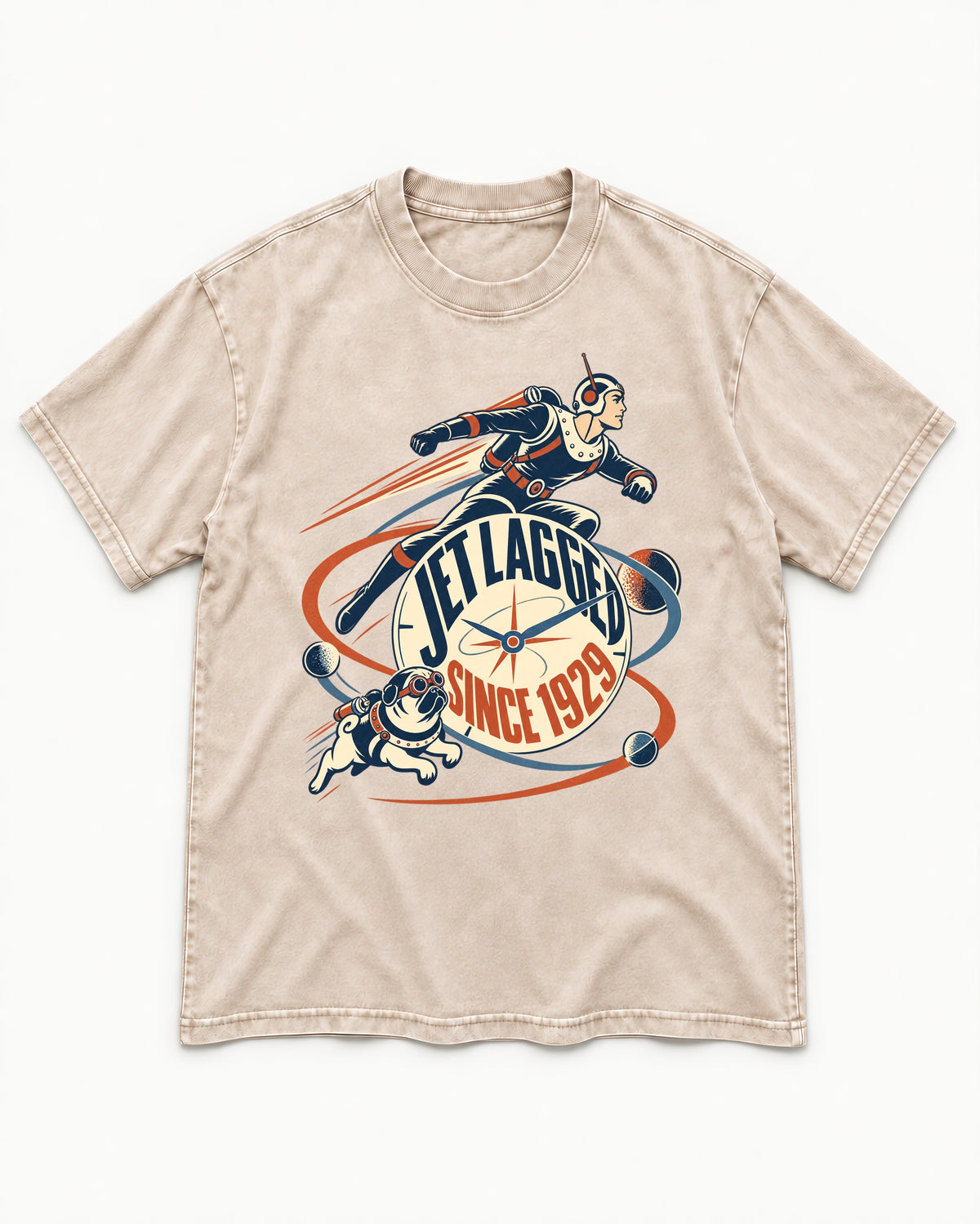 Jet Lagged Pug Washed Tee in Apricot, flat lay product photo