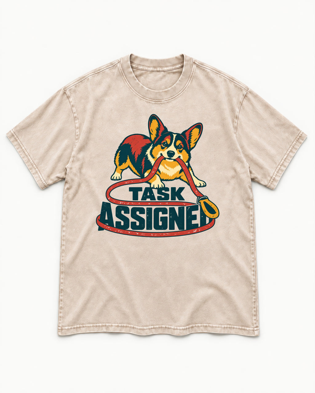 Corgi Task Assigned Washed Tee in Apricot, flat lay product photo