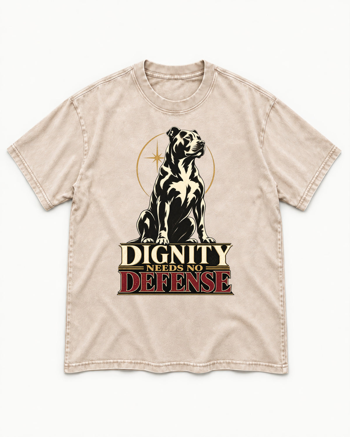 Pitbull Dignity Needs No Defense Seated Emblem Graphic Washed Tee in Apricot, flat lay product photo