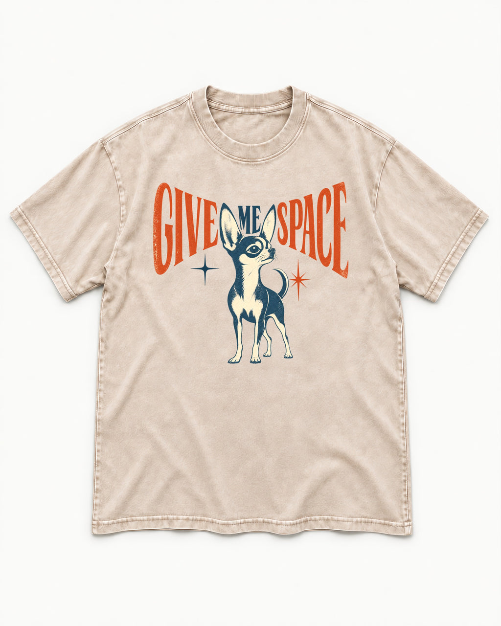 Chihuahua Give Me Space Starburst Graphic Washed Tee in Apricot, flat lay product photo