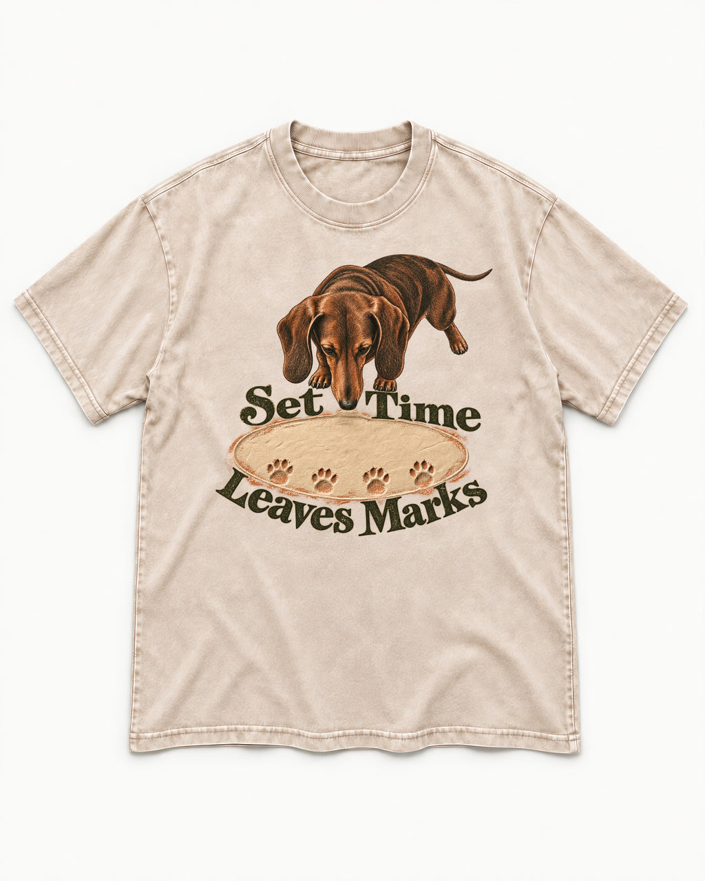 Dachshund Time Leaves Marks Washed Tee in Apricot, flat lay product photo