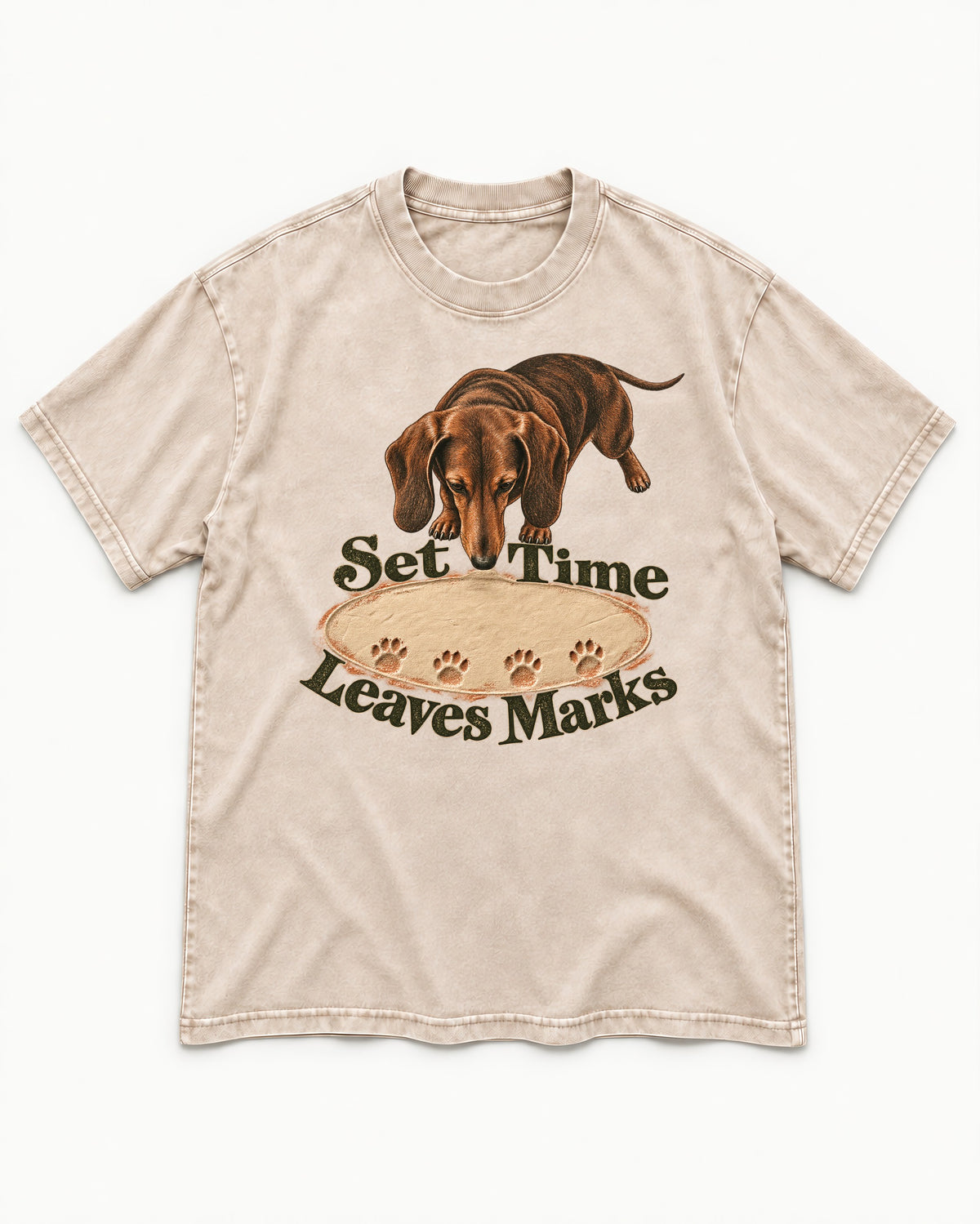 Dachshund Time Leaves Marks Washed Tee in Apricot, flat lay product photo