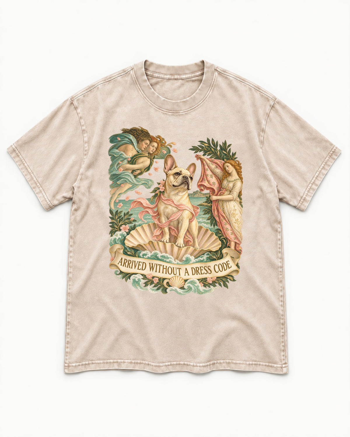Frenchie Without a Dress Code Washed Tee in Apricot, flat lay product photo