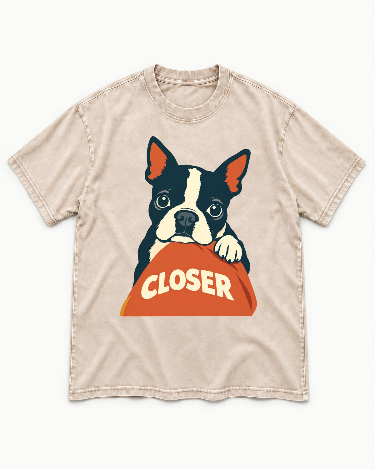 Come Closer Boston Terrier Washed Tee in Apricot, flat lay product photo