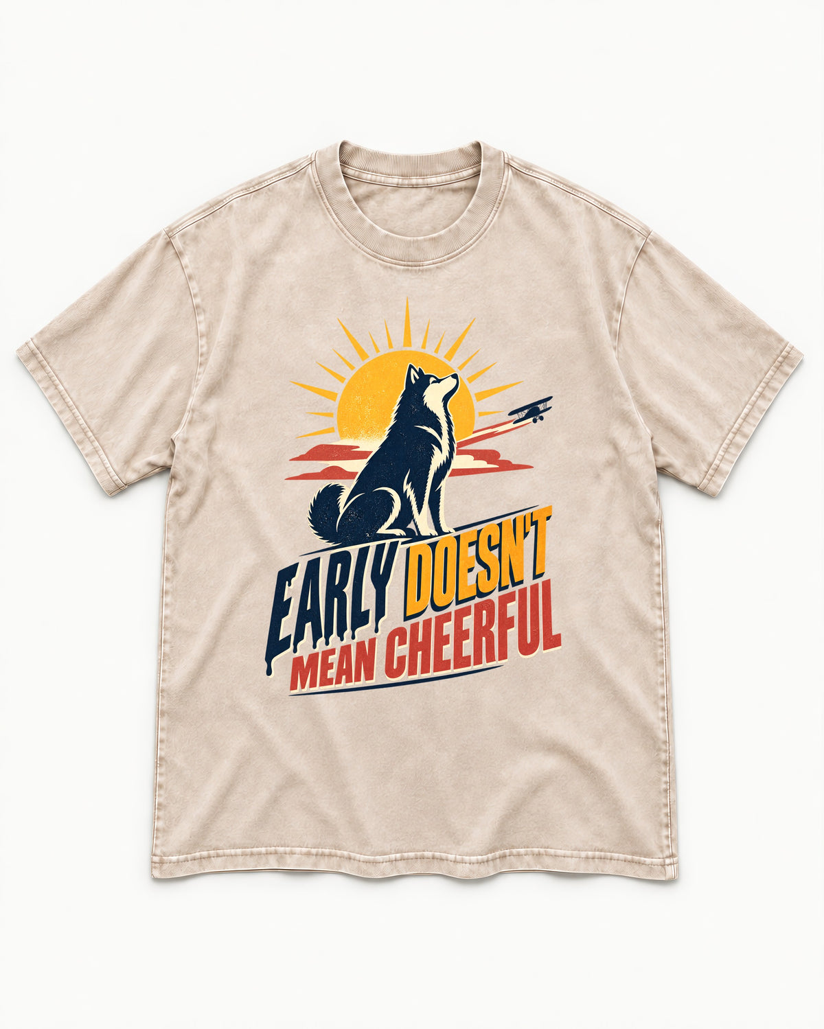 Husky Early Doesnt Mean Cheerful Sunrise Airplane Graphic Washed Tee in Apricot, flat lay product photo