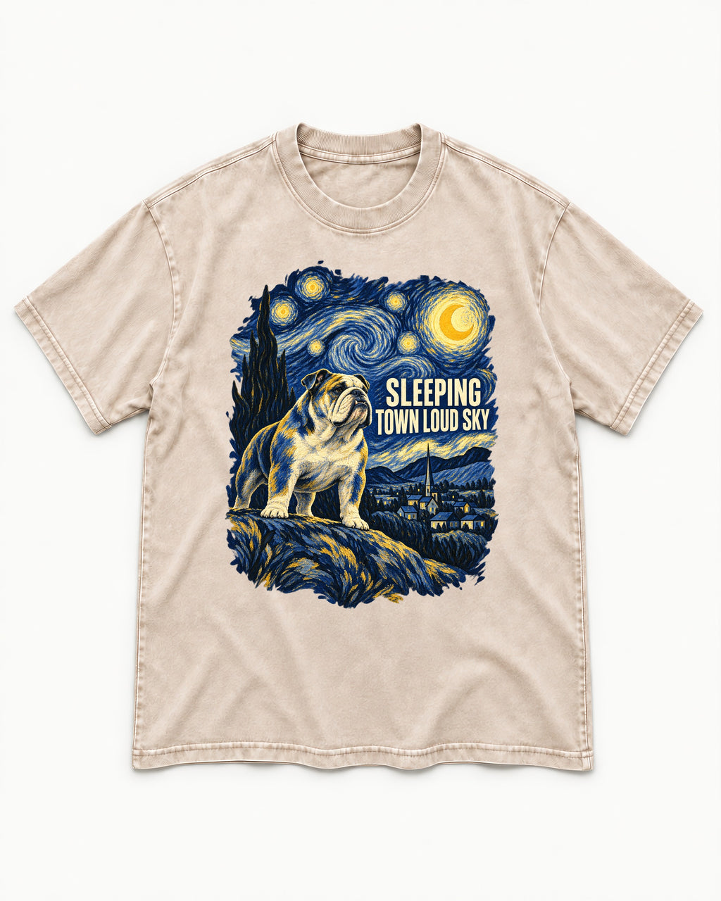 English Bulldog Sleeping Town Loud Sky Starry Night Graphic Washed Tee in Apricot, flat lay product photo