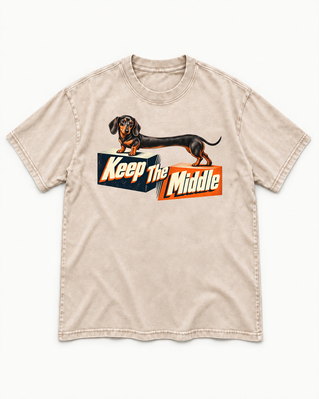 Dachshund Keep The Middle Block Bridge Graphic Washed Tee in Apricot, flat lay product photo