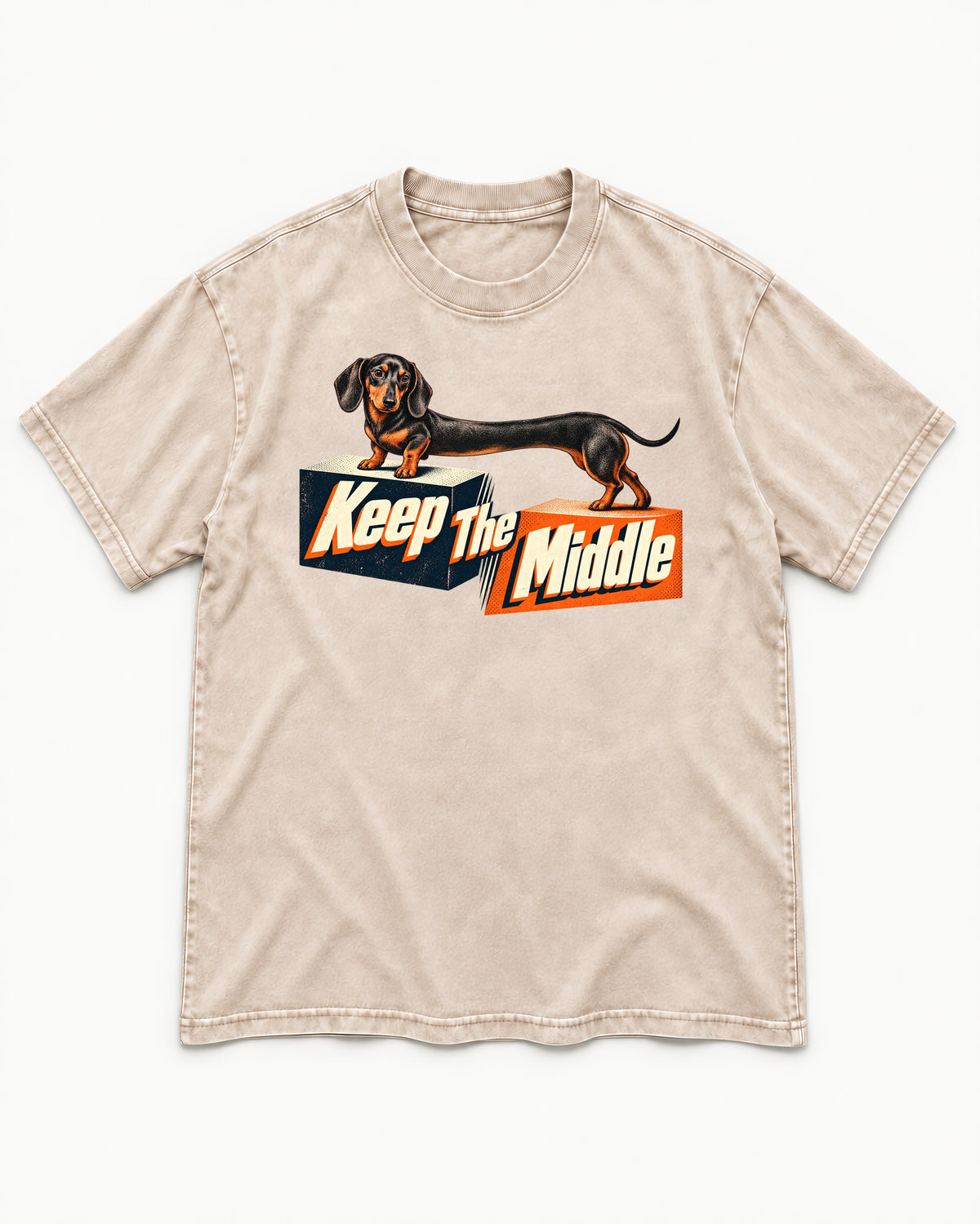 Dachshund Keep The Middle Block Bridge Graphic Washed Tee in Apricot, flat lay product photo