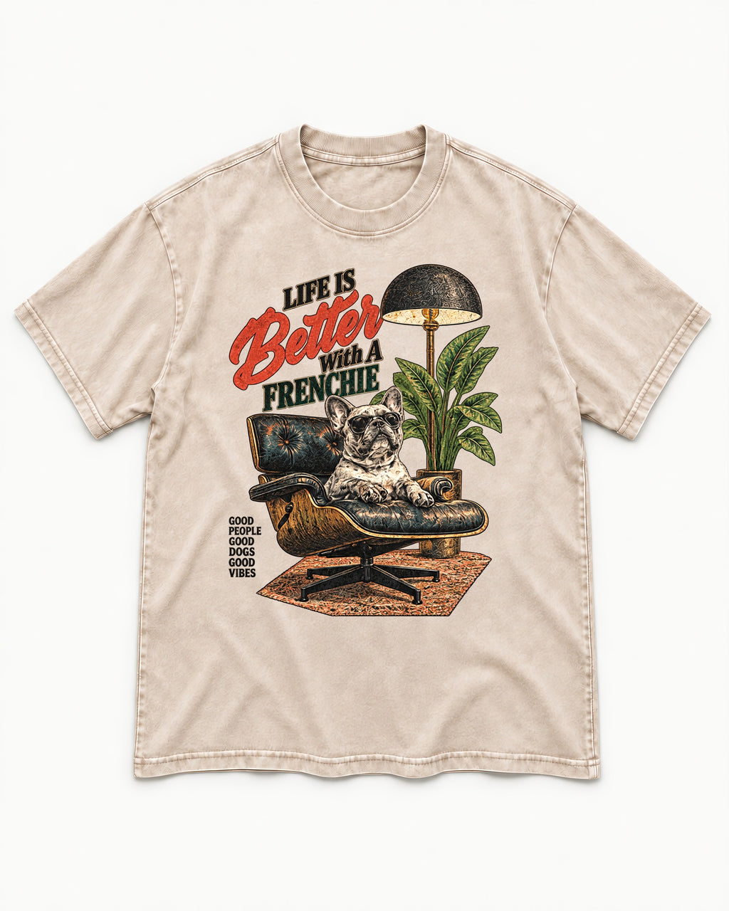 Better with a Frenchie Washed Tee in Apricot, flat lay product photo