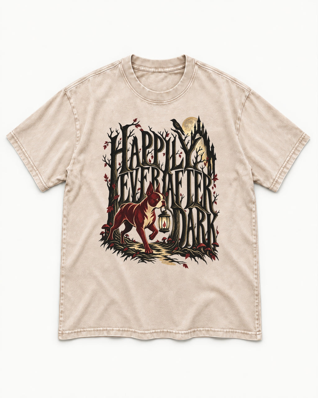 Happily Ever After Dark Boston Terrier Washed Tee in Apricot, flat lay product photo