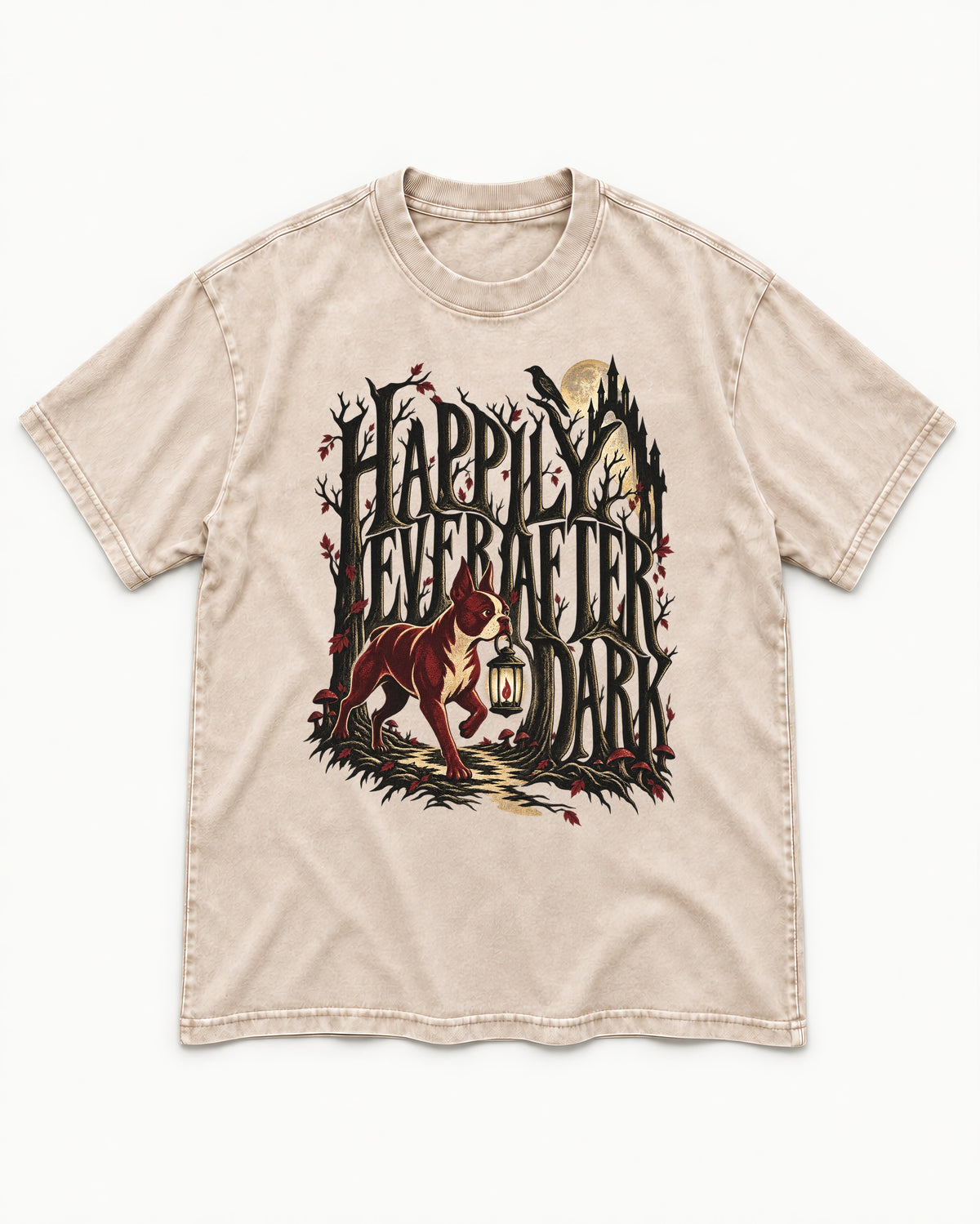 Happily Ever After Dark Boston Terrier Washed Tee in Apricot, flat lay product photo
